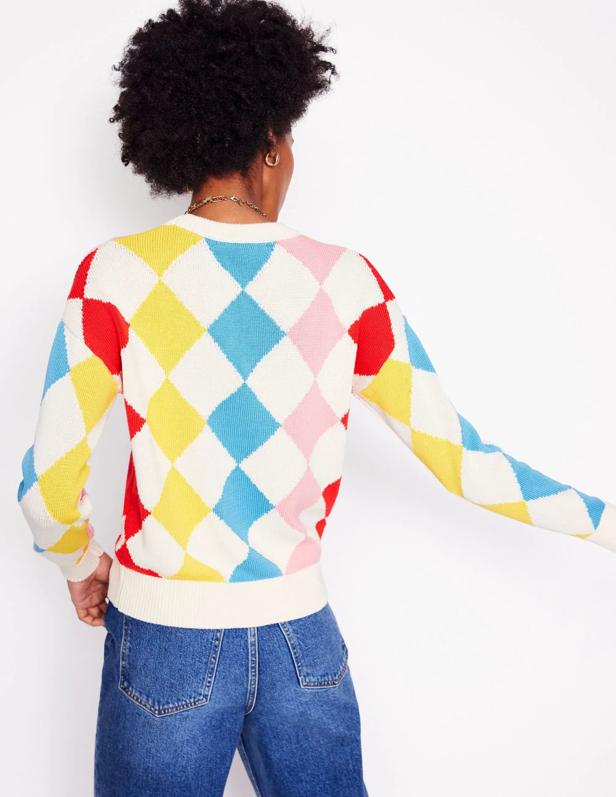 Cotton Argyle Sweater-Pink, Light Blue Argyle