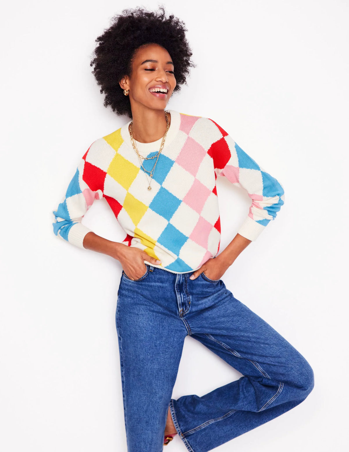 Cotton Argyle Sweater-Pink, Light Blue Argyle