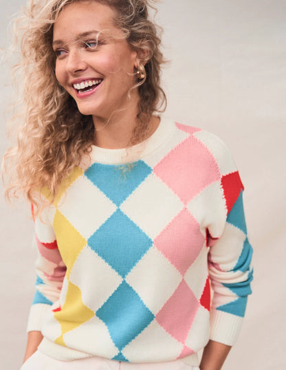 Cotton Argyle Sweater-Pink, Light Blue Argyle