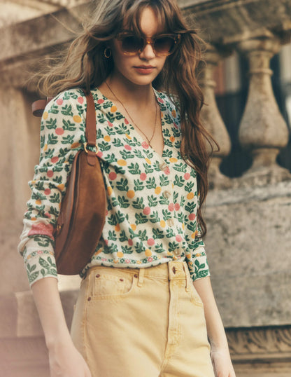 Liv V-Neck Linen Cardigan-Warm Ivory, Dahlia Garden