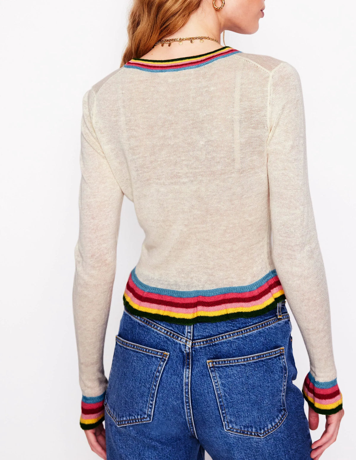 Josie Cropped Linen Cardigan-Warm Ivory, Multi Stripe