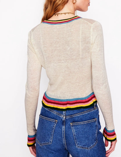 Josie Cropped Linen Cardigan-Warm Ivory, Multi Stripe