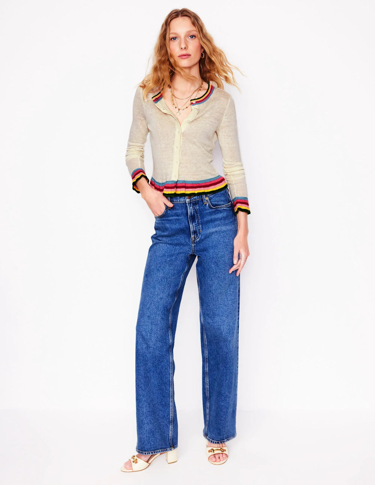 Josie Cropped Linen Cardigan-Warm Ivory, Multi Stripe
