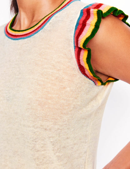 Josie Frilled Linen Vest-Warm Ivory, Multi Stripe