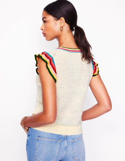 Josie Frilled Linen Vest-Warm Ivory, Multi Stripe