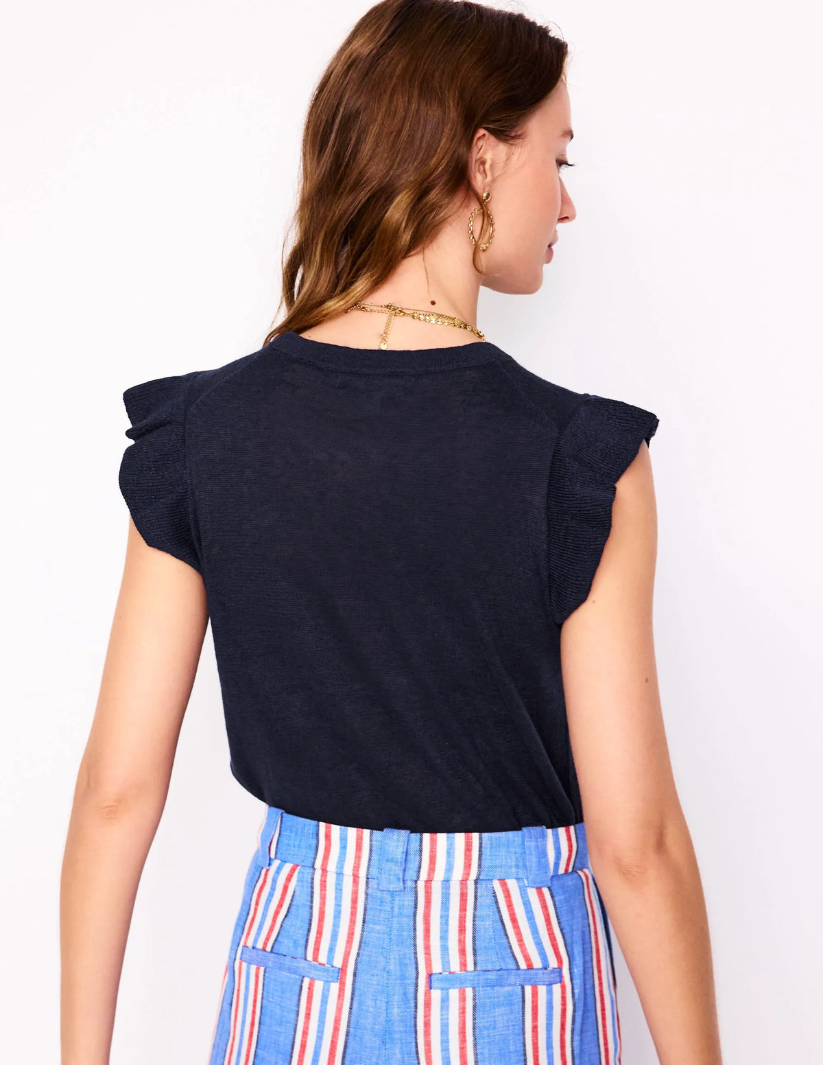 Josie Frilled Linen Vest-Navy