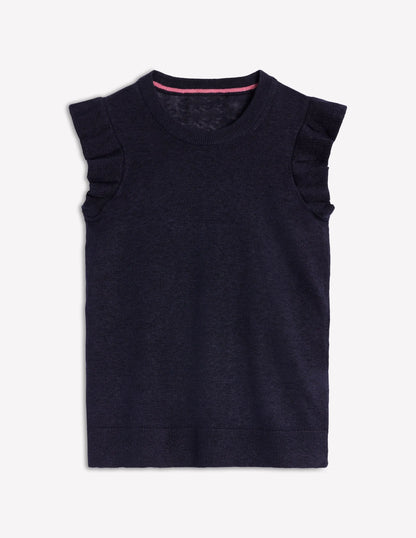 Josie Frilled Linen Vest-Navy