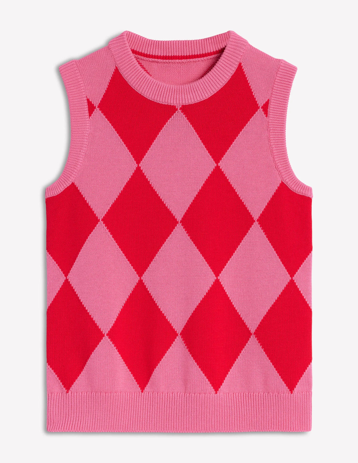 Cotton Argyle Vest-Pink Rose and Poppy Red Argyle