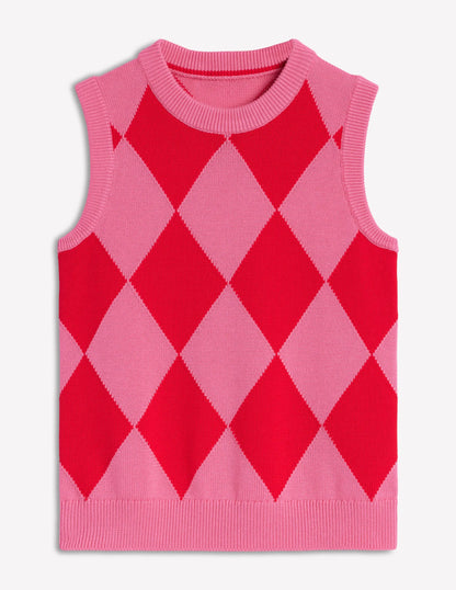 Cotton Argyle Vest-Pink Rose and Poppy Red Argyle