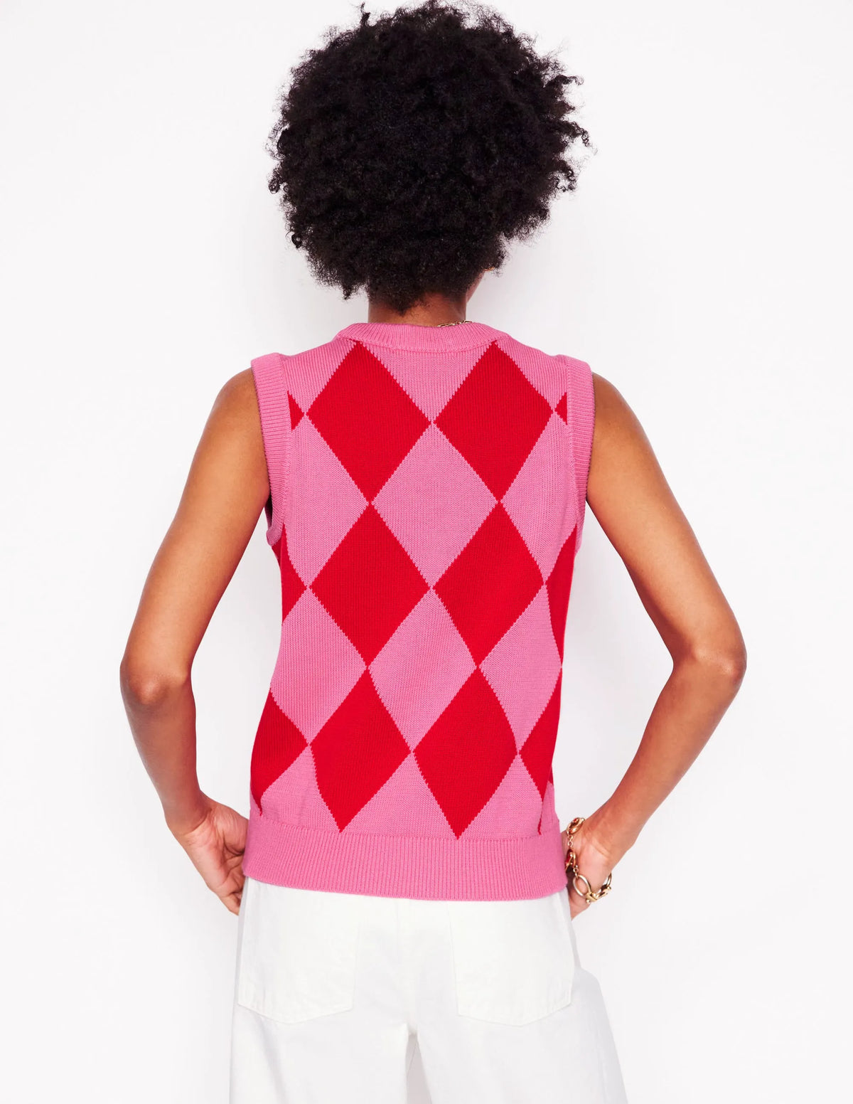 Cotton Argyle Vest-Pink Rose and Poppy Red Argyle