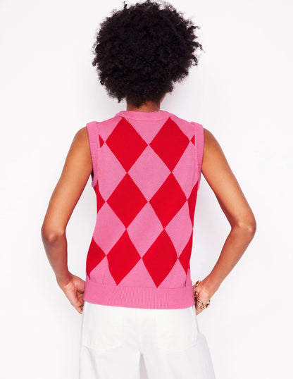 Cotton Argyle Vest-Pink Rose and Poppy Red Argyle