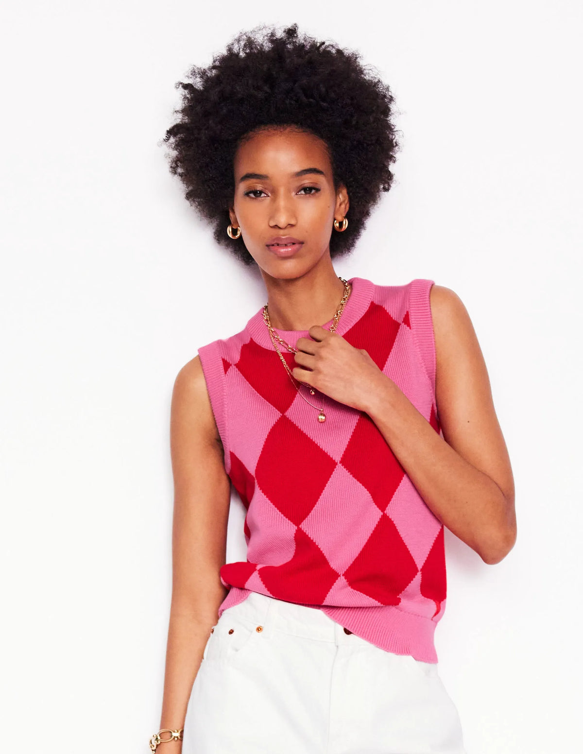 Cotton Argyle Vest-Pink Rose and Poppy Red Argyle