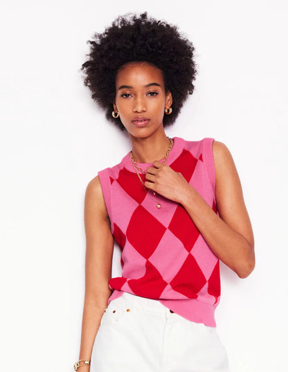 Cotton Argyle Vest-Pink Rose and Poppy Red Argyle