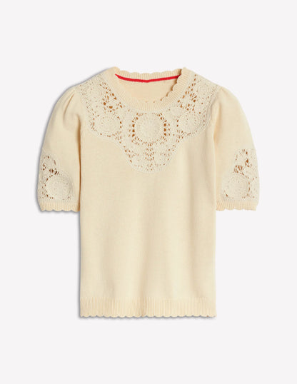 Embroidered Yoke Knitted Tee-Warm Ivory