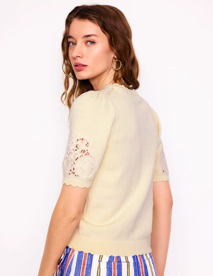 Embroidered Yoke Knitted Tee-Warm Ivory