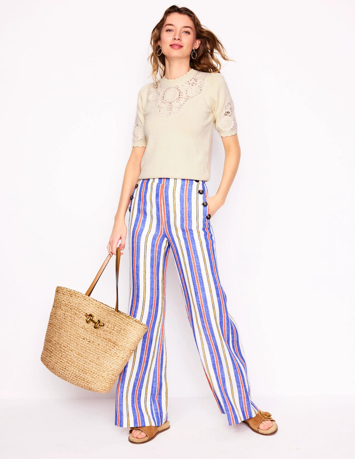 Embroidered Yoke Knitted Tee-Warm Ivory