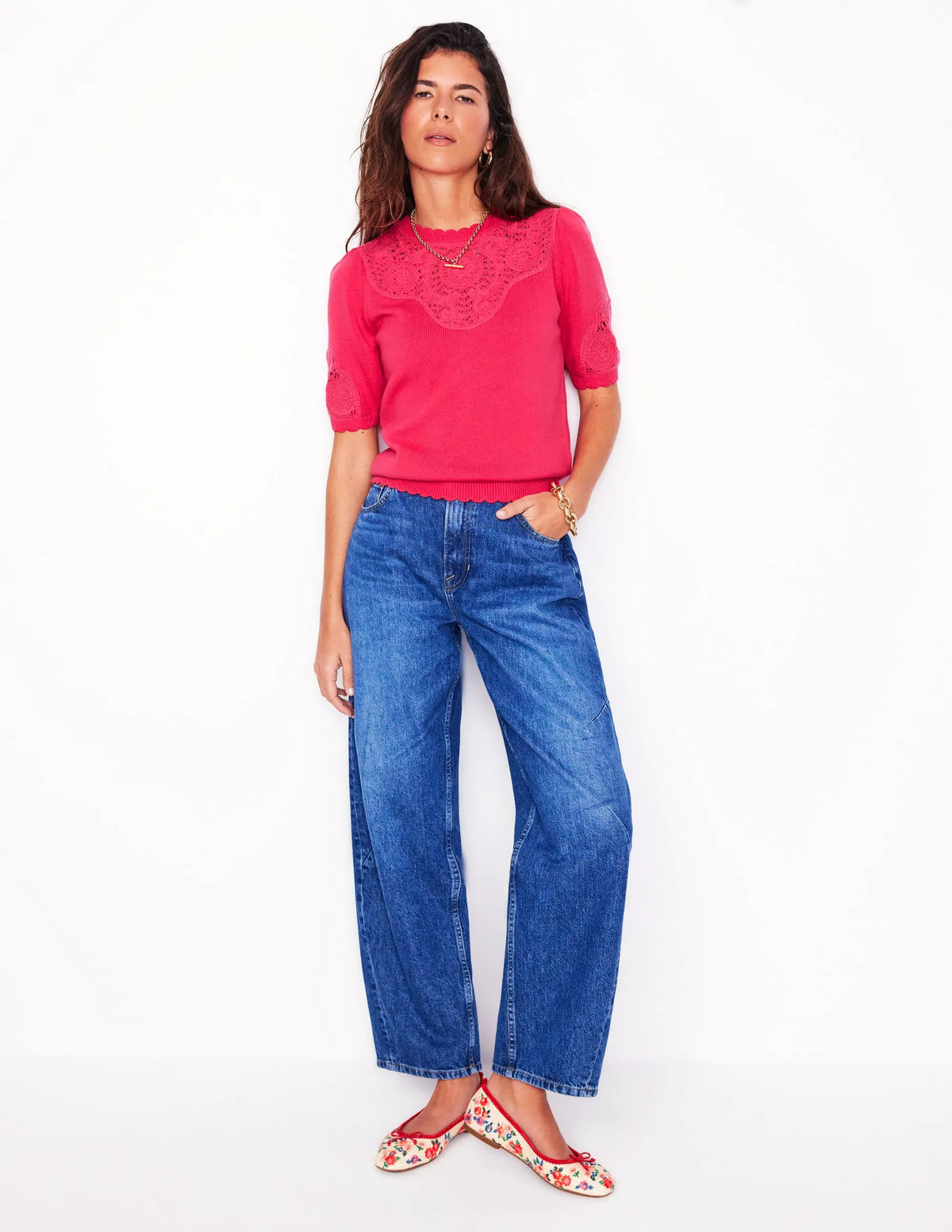 Embroidered Yoke Knitted Tee-Camelia Pink
