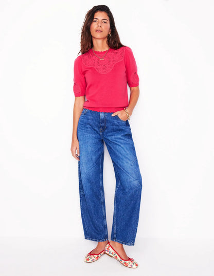 Embroidered Yoke Knitted Tee-Camelia Pink