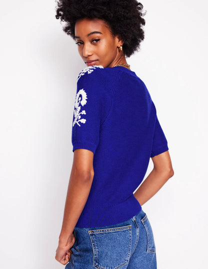 Embroidered T-Shirt Cardigan-Bright Blue, Flowers