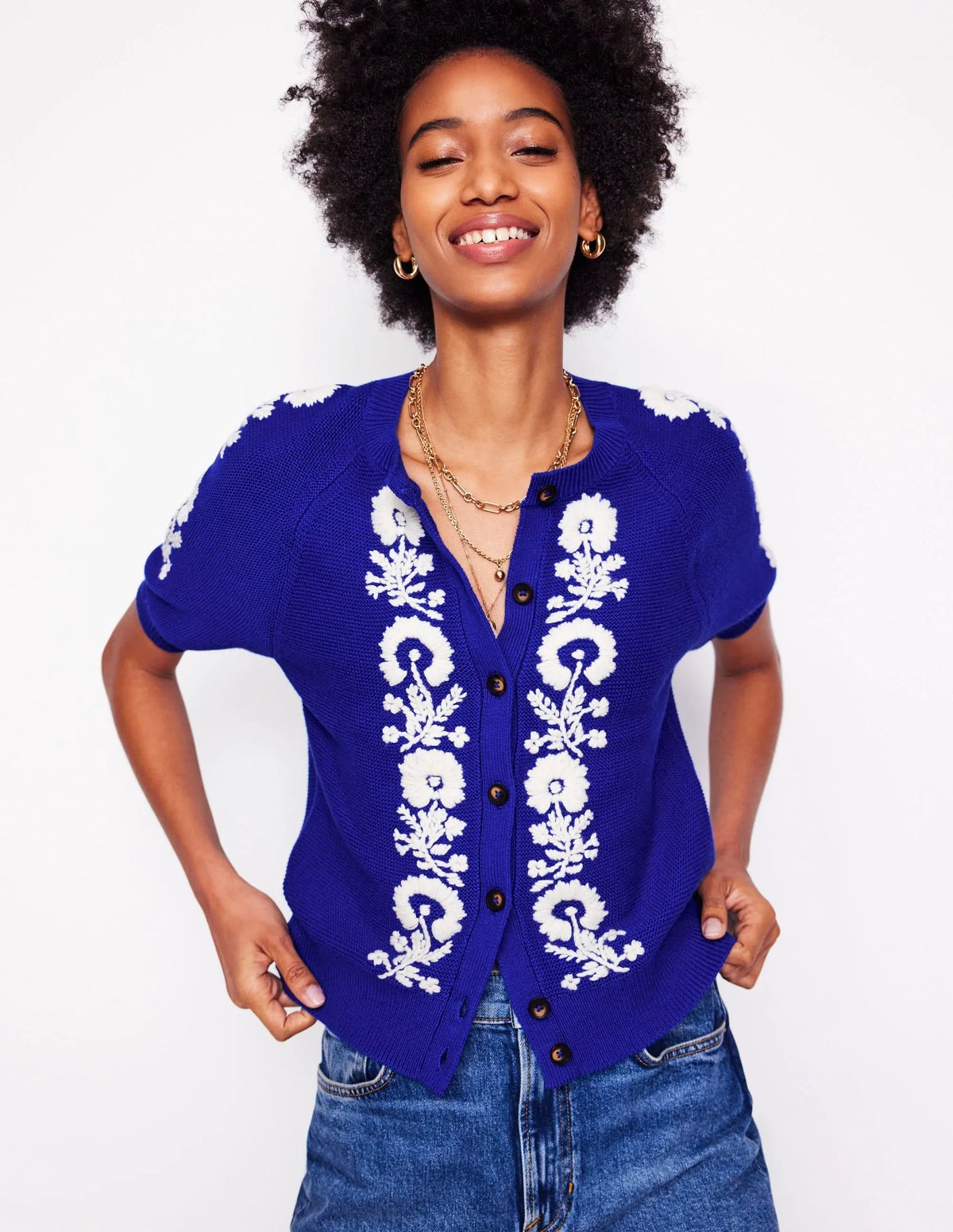 Embroidered T-Shirt Cardigan-Bright Blue, Flowers