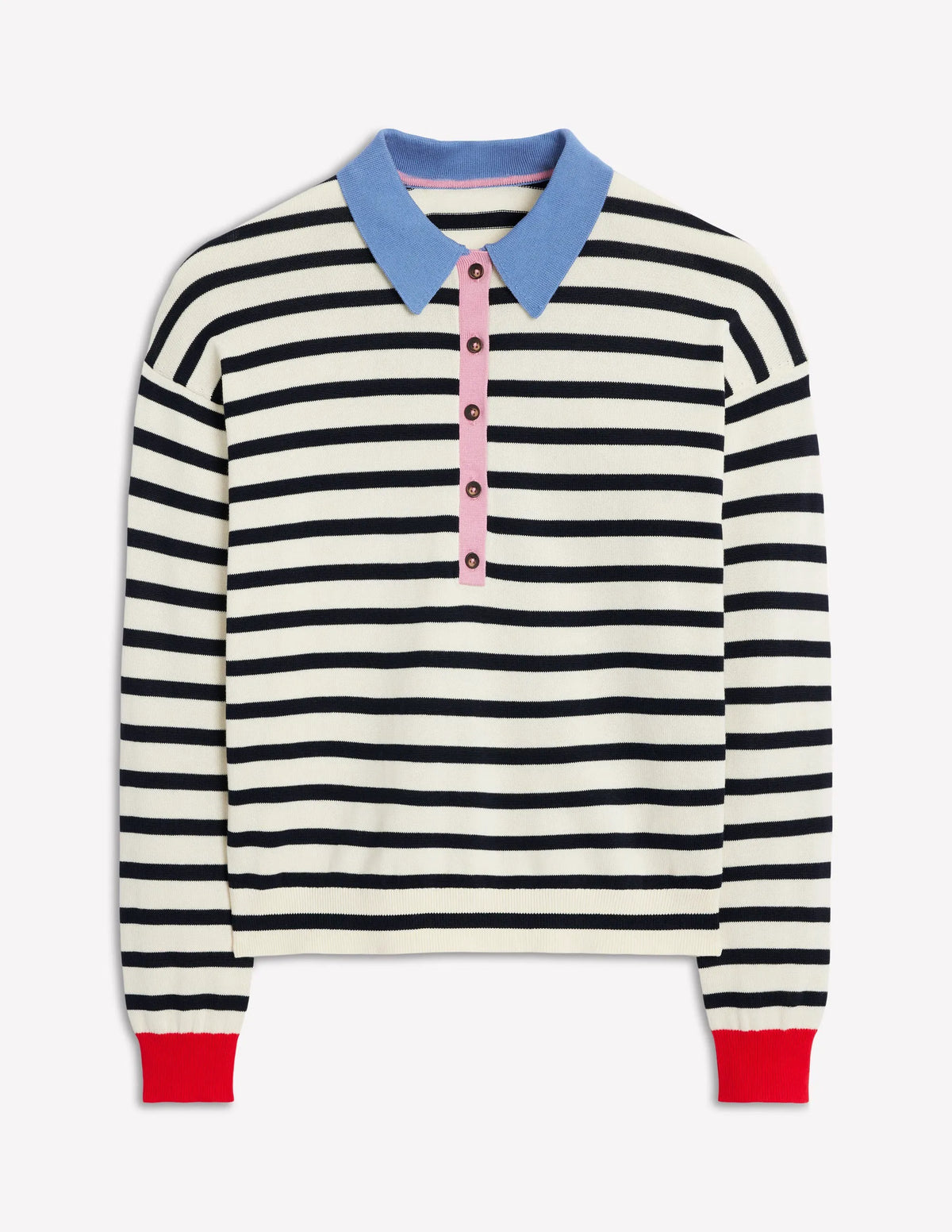 Lara Cotton Henley Jumper-Navy, Warm Ivory Stripe