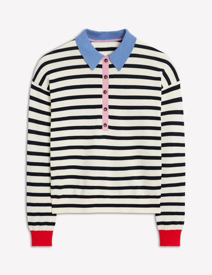 Lara Cotton Henley Jumper-Navy, Warm Ivory Stripe