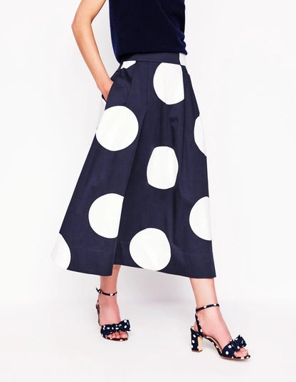 Isabella Cotton Sateen Skirt-Navy Spots