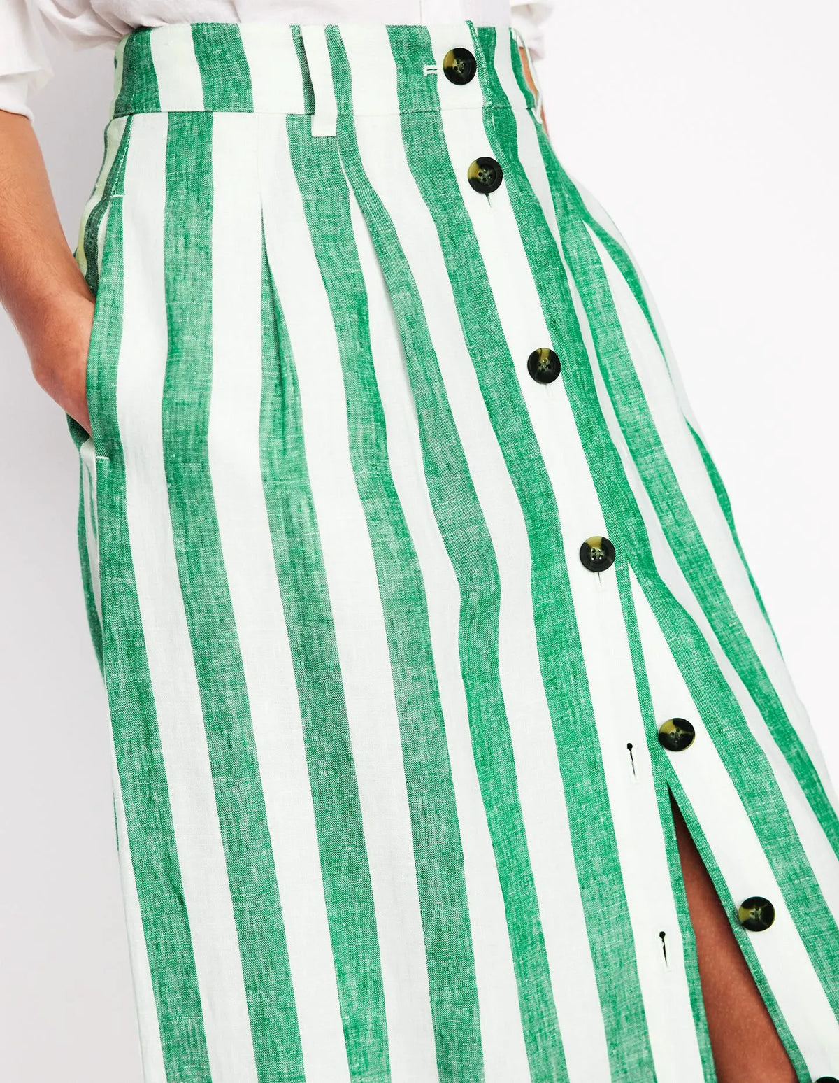 Thomasina Linen Midi Skirt-Rich Emerald Stripe