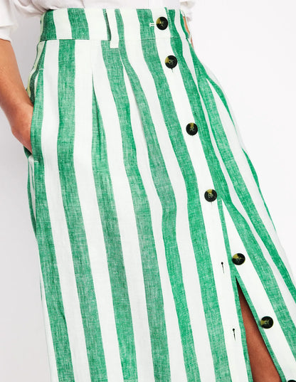 Thomasina Linen Midi Skirt-Rich Emerald Stripe