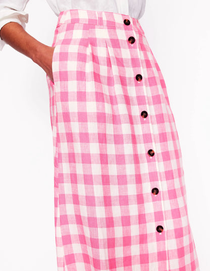 Thomasina Linen Midi Skirt-Pink Gingham