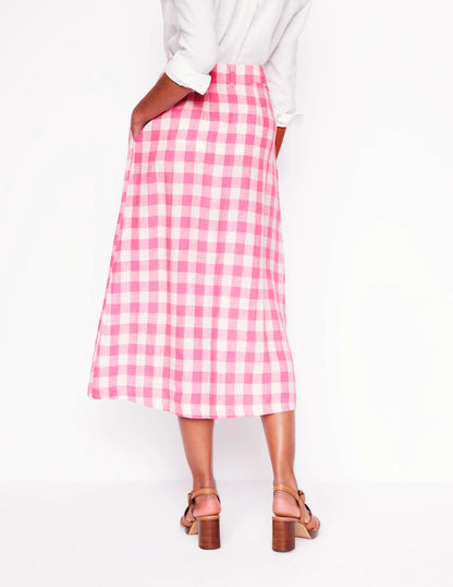Thomasina Linen Midi Skirt-Pink Gingham