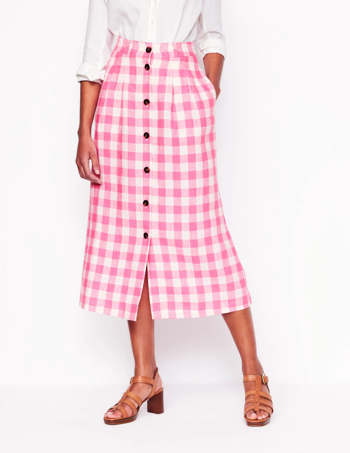 Thomasina Linen Midi Skirt-Pink Gingham