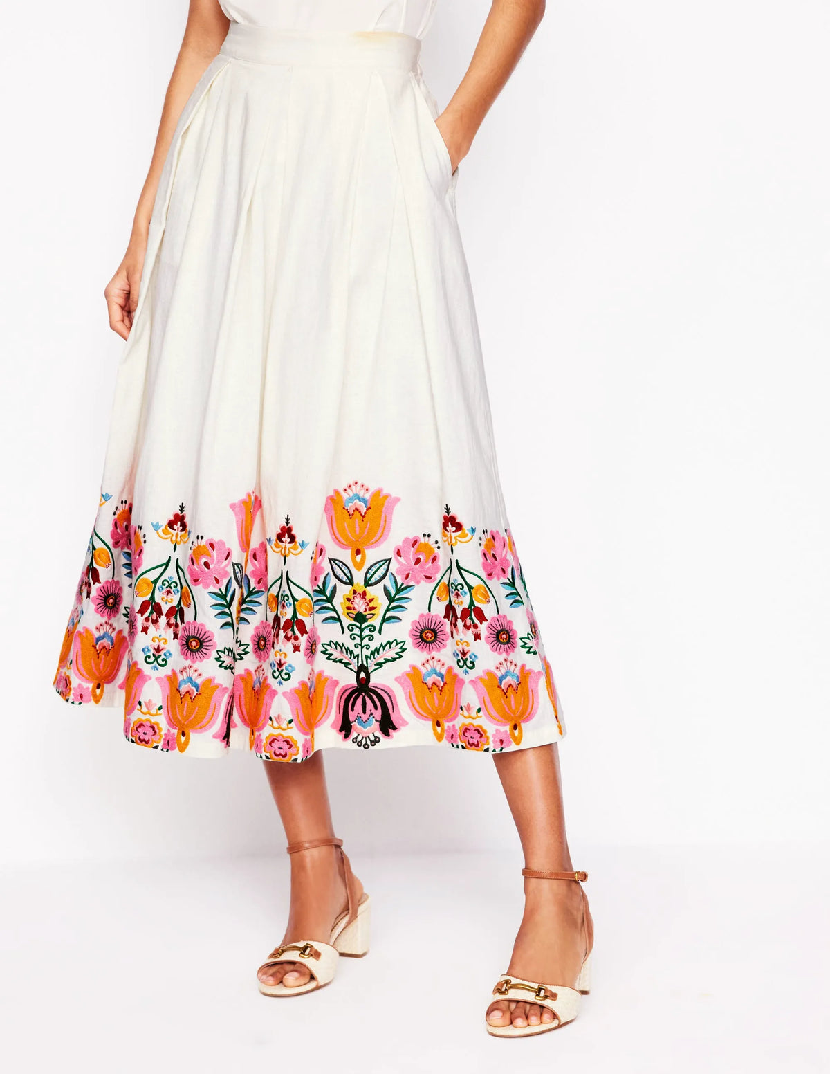 Verity Embroidered Linen Skirt-Ivory