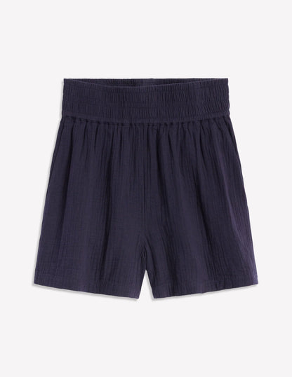 Smocked Double Cloth Shorts-Navy