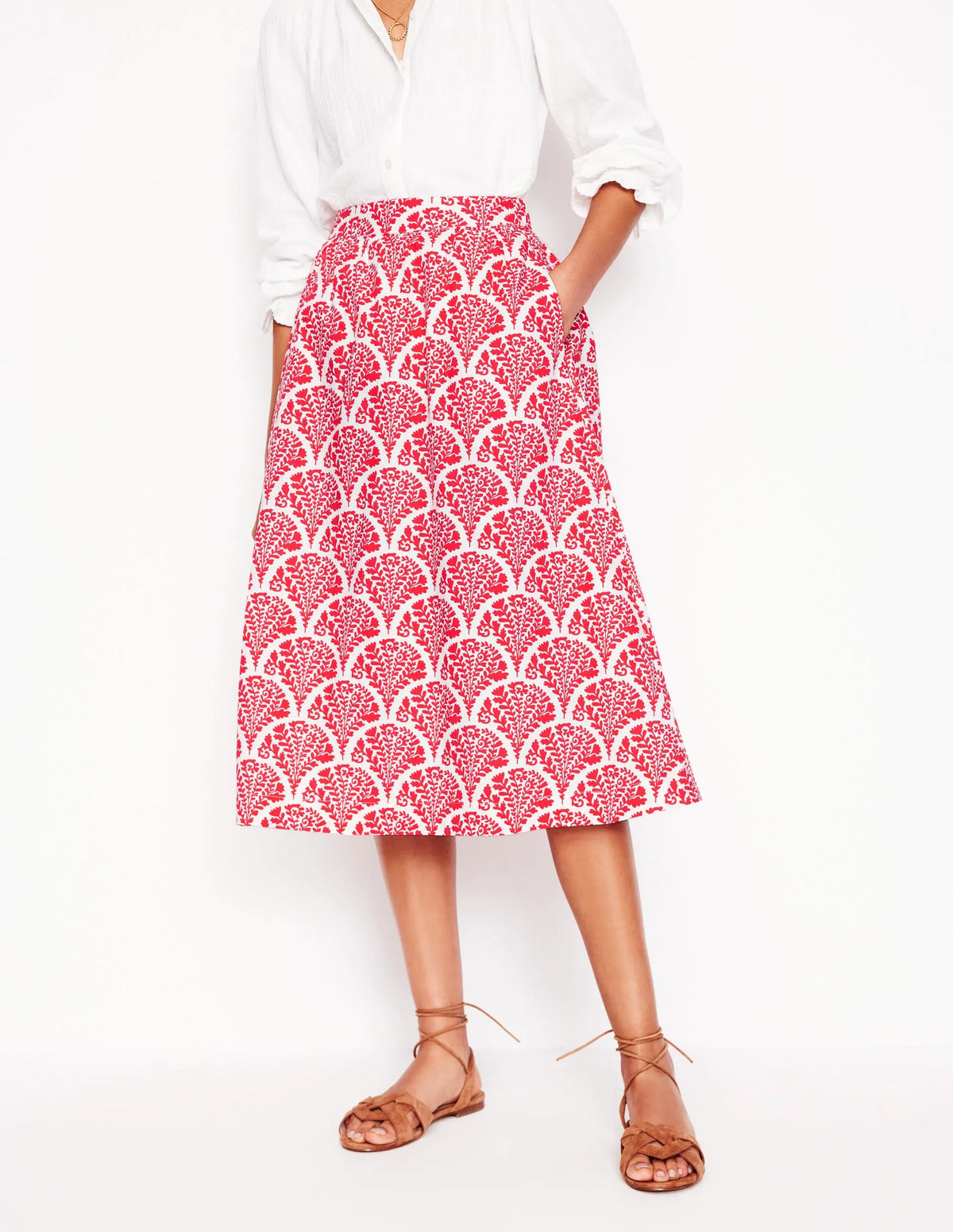 Hattie Poplin Midi Skirt-Jam Red, Blossomy