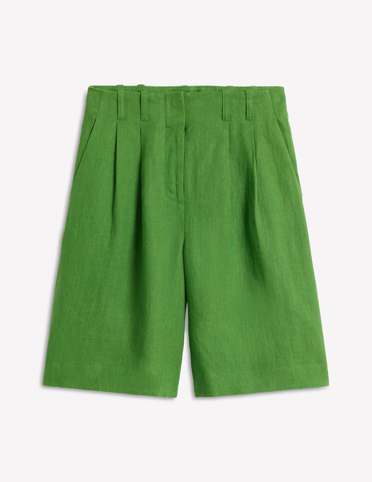 Pleat Linen Wide Leg Shorts-Green