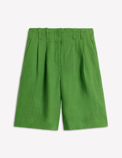 Pleat Linen Wide Leg Shorts-Green