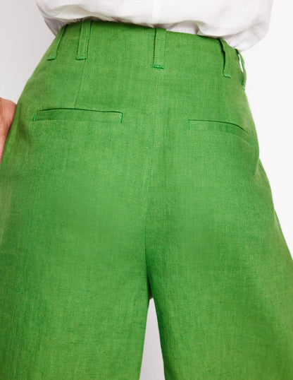 Pleat Linen Wide Leg Shorts-Green