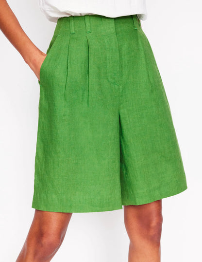 Pleat Linen Wide Leg Shorts-Green