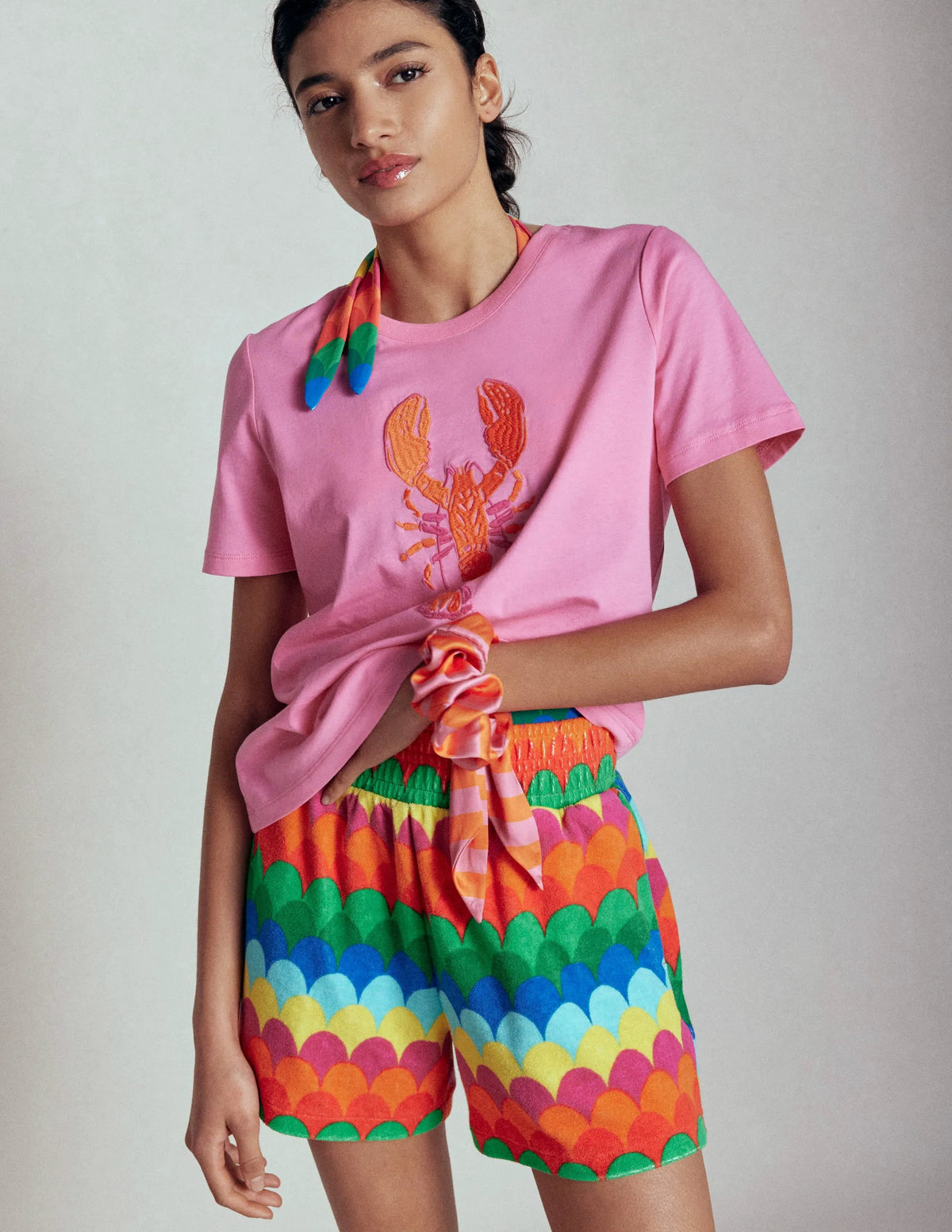 Smocked Towelling Short-Multi, Scallop Stripe