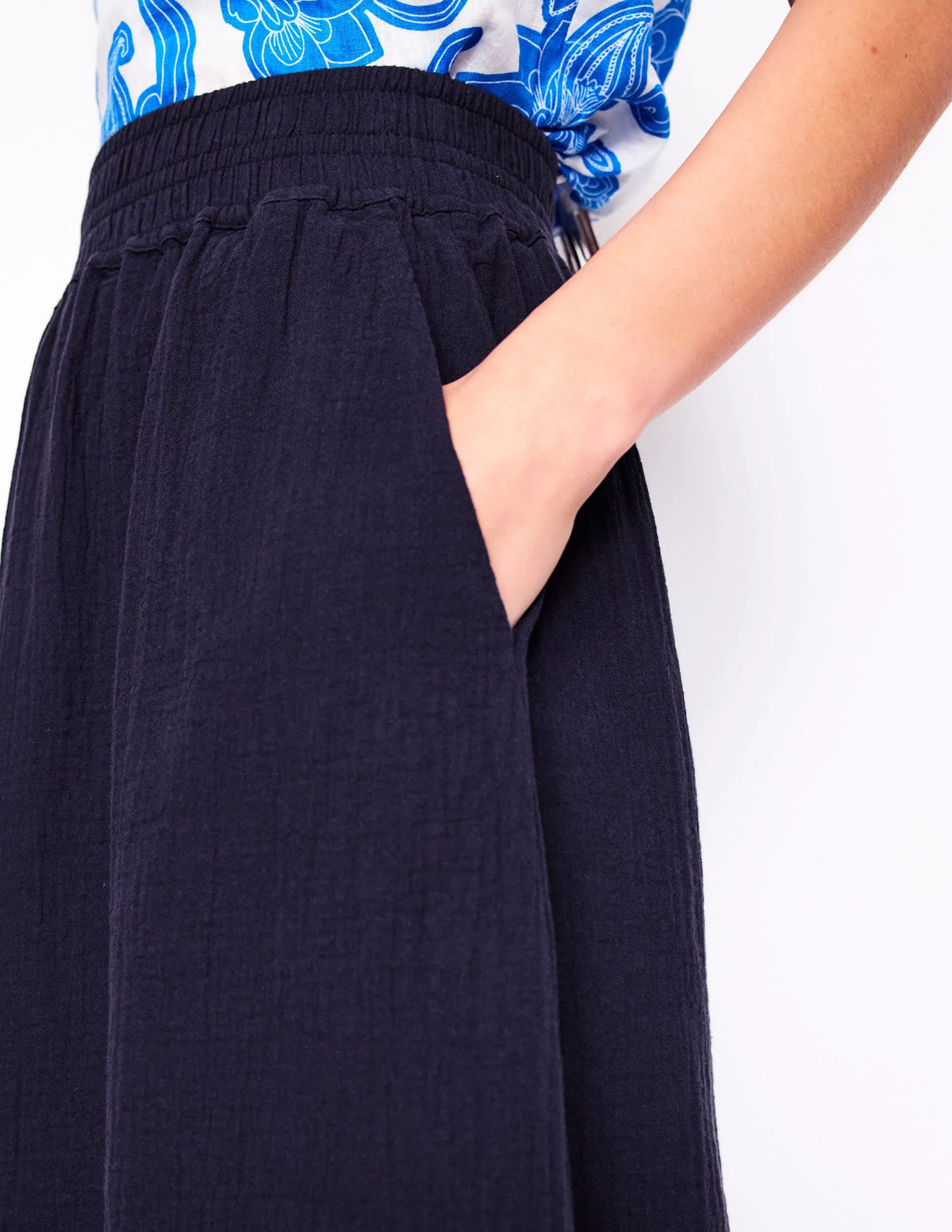 Double Cloth Smocked Skirt-Navy