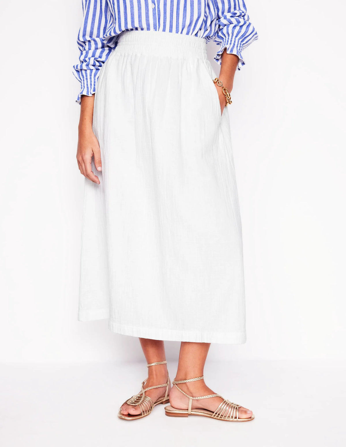 Double Cloth Smocked Skirt-White