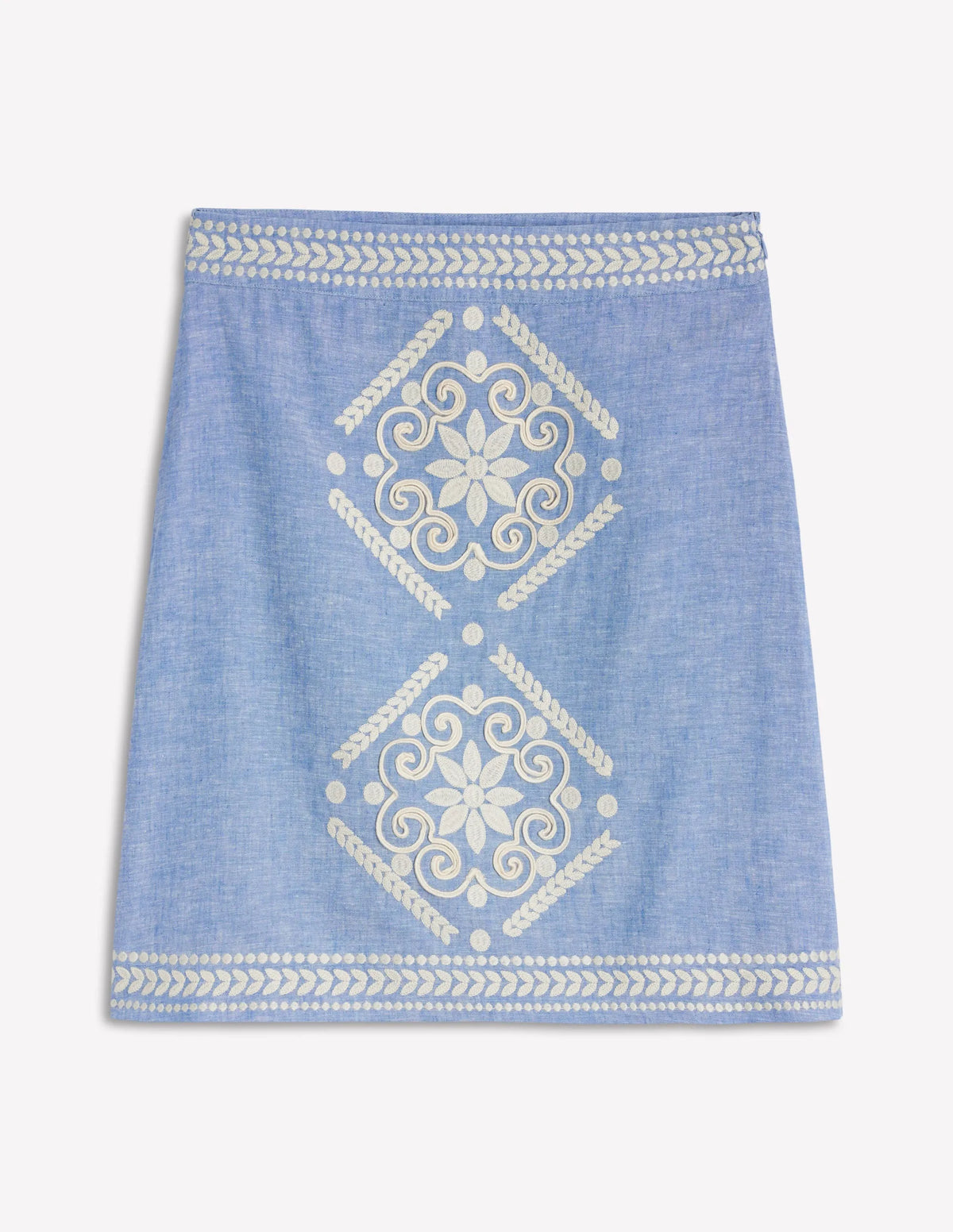 Aline Embroidered Linen Skirt-Grey Blue Chambray