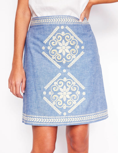 Aline Embroidered Linen Skirt-Grey Blue Chambray