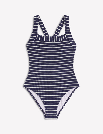 Scoop Cross Back Swimsuit-Navy/ Ivory