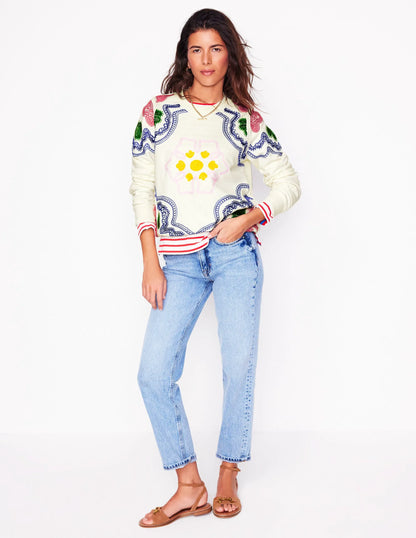 Hannah Embroidered Sweatshirt-Ivory, Geo Stitch