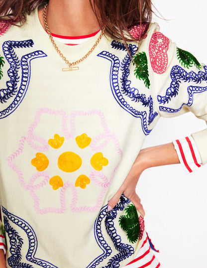 Hannah Embroidered Sweatshirt-Ivory, Geo Stitch