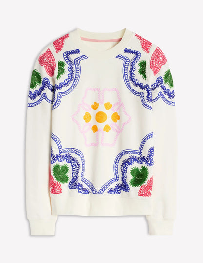 Hannah Embroidered Sweatshirt-Ivory, Geo Stitch