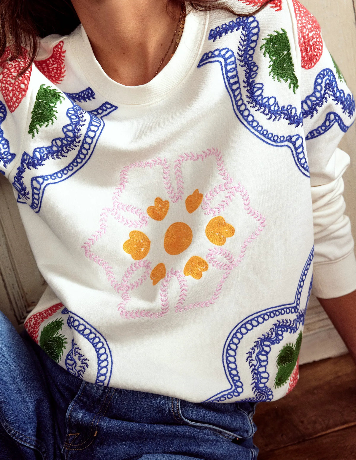 Hannah Embroidered Sweatshirt-Ivory, Geo Stitch