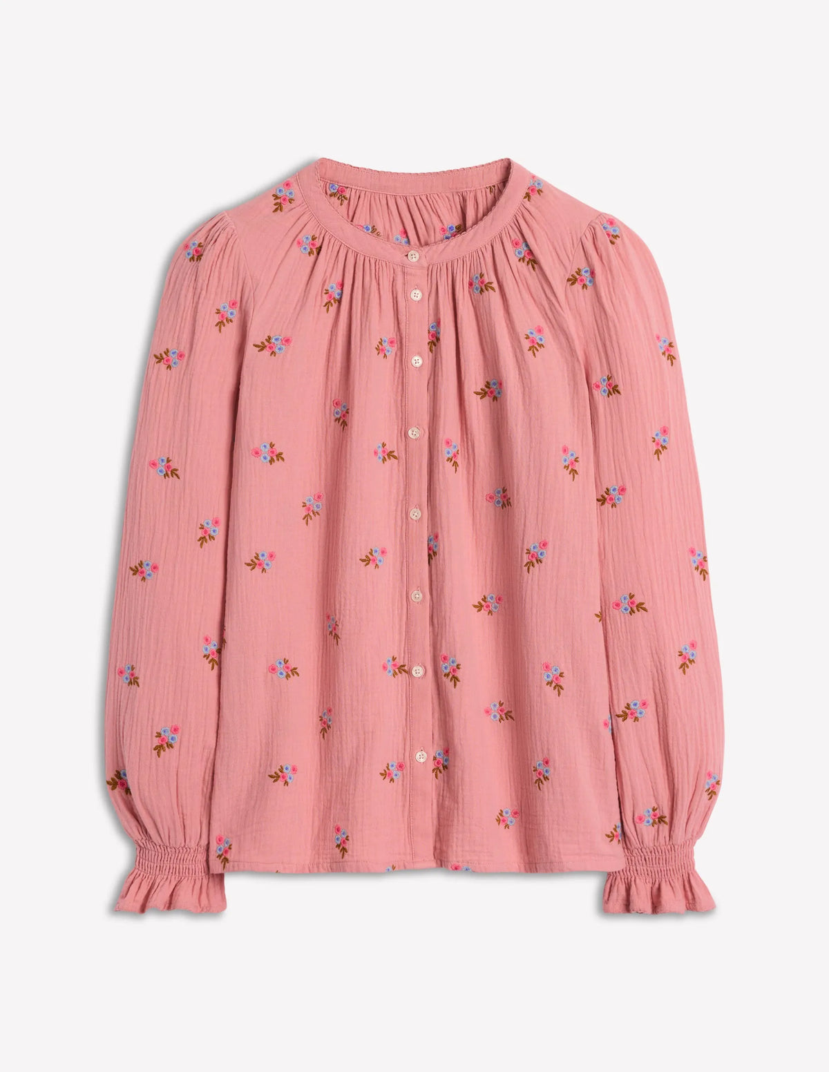 Evie Double Cloth Top-Almond Pink, Floral Embroidery